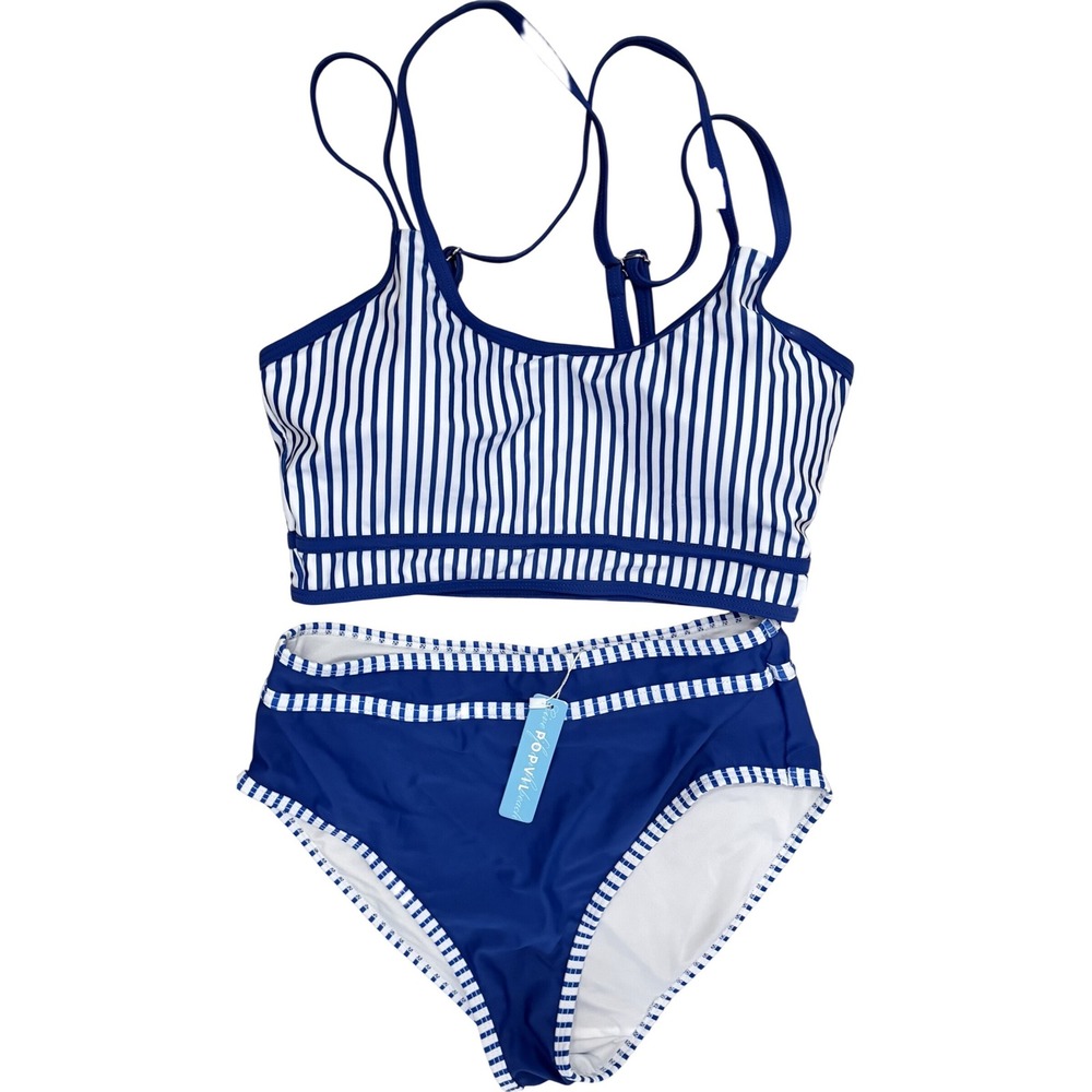 NWT Popvil High Waisted Bikini Set Blue Stripe Crisscross Sporty Bikini Small - Picture 5 of 7